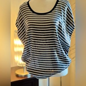 Michael Kors white and blue stripes tee with sequin accents size L